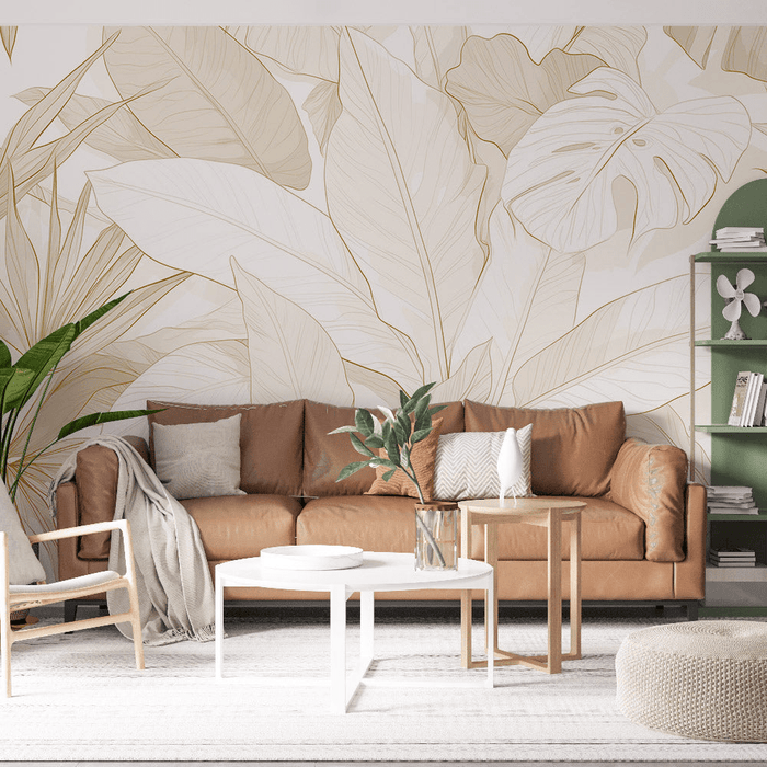 Beige and Bronze Leaf Wallpaper Mural | Panoramic - Carving wallpaper
