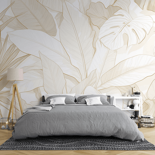 Beige and Bronze Leaf Wallpaper Mural | Panoramic - Carving wallpaper