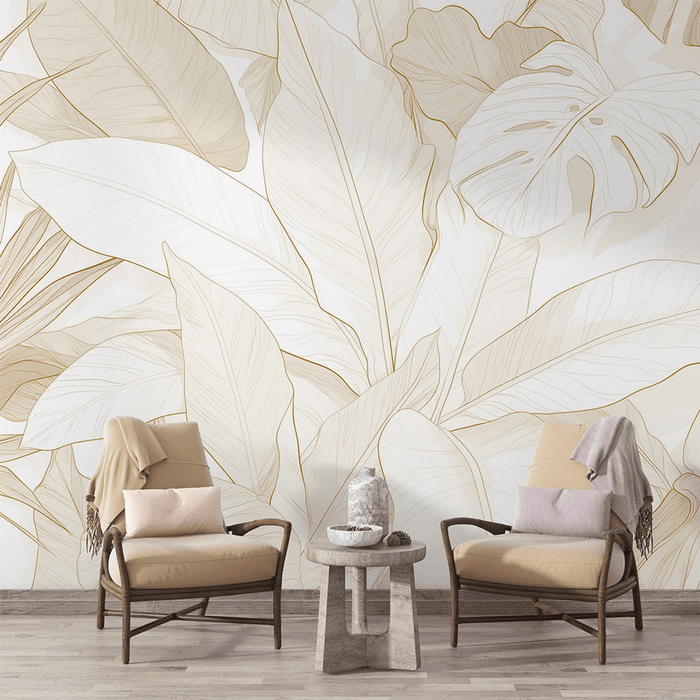 Beige and Bronze Leaf Wallpaper Mural | Panoramic - Carving wallpaper