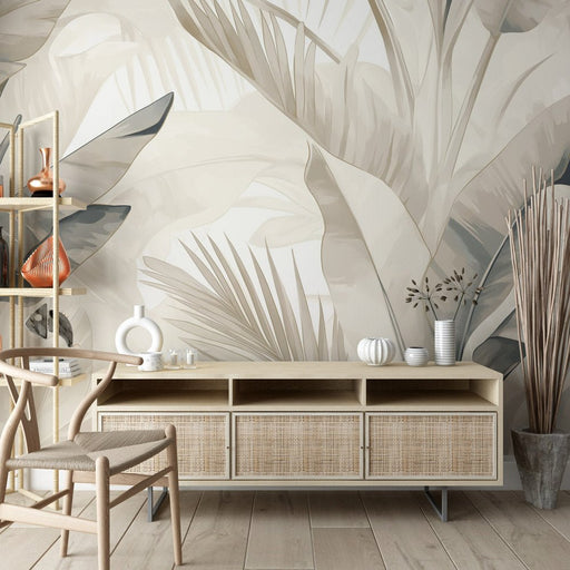 Beige and Green Leaf Wallpaper Mural | Large Leaf - Carving wallpaper