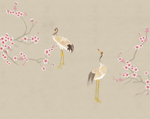 Beige background crane plum wallpaper mural | Chinese elegant, artistic conception is beautiful - Carving wallpaper