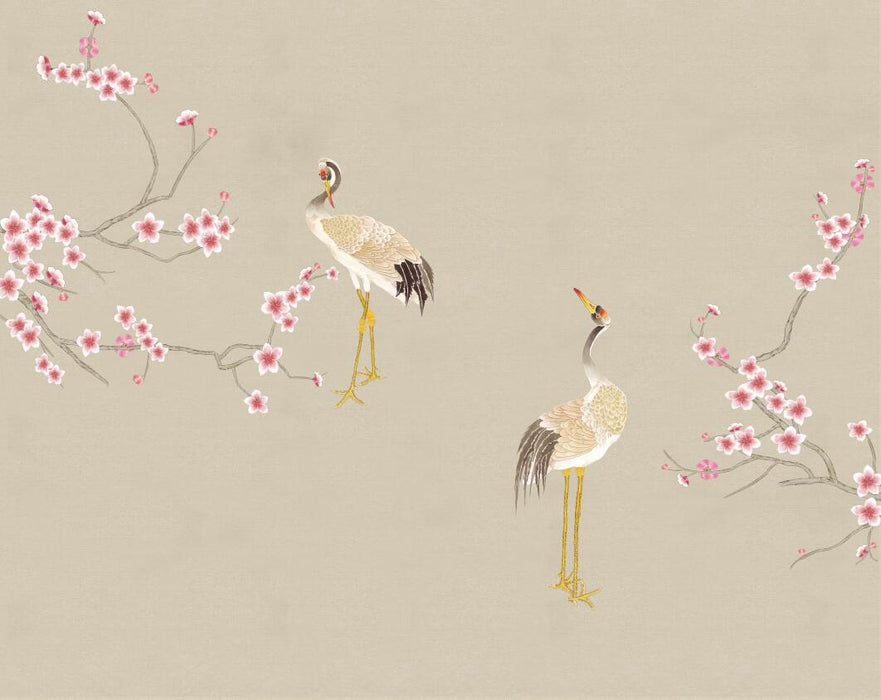 Beige background crane plum wallpaper mural | Chinese elegant, artistic conception is beautiful - Carving wallpaper