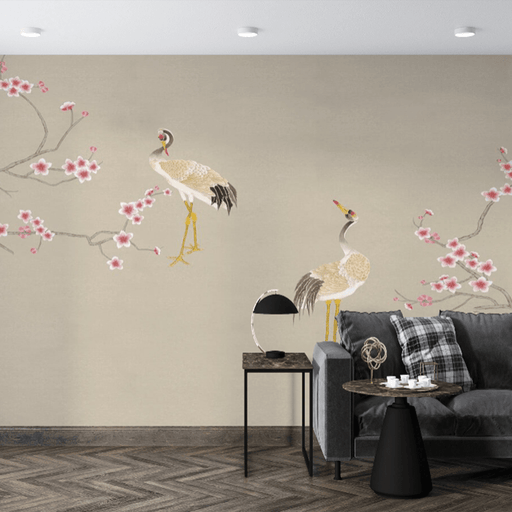 Beige background crane plum wallpaper mural | Chinese elegant, artistic conception is beautiful - Carving wallpaper