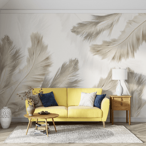 Beige feather wallpaper mural | light feathers natural warm sense of space - Carving wallpaper