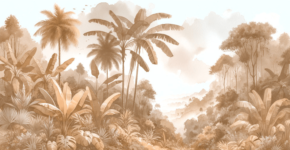 Beige jungle wallpaper, beige watercolor painting of a huge jungle - Carving wallpaper