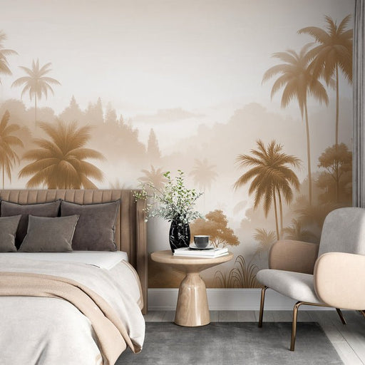 Beige Jungle Wallpaper Mural | Beige Palm Valley and Mist - Carving wallpaper