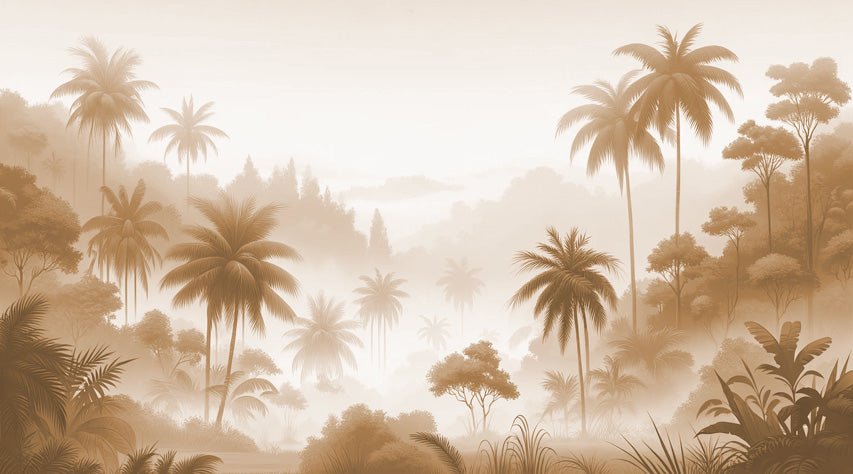 Beige Jungle Wallpaper Mural | Beige Palm Valley and Mist - Carving wallpaper