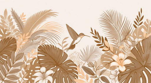 Beige Jungle Wallpaper Mural | Hummingbird with Plant Leaves - Carving wallpaper