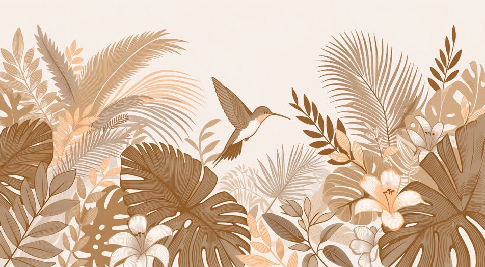 Beige Jungle Wallpaper Mural | Hummingbird with Plant Leaves - Carving wallpaper