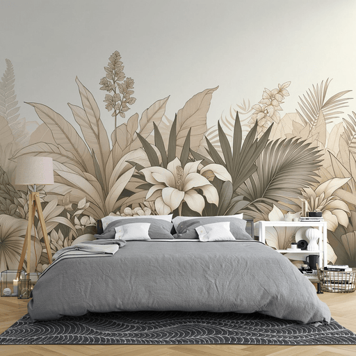 Beige leaf wallpaper featuring beige toned leaves and flowers - Carving wallpaper
