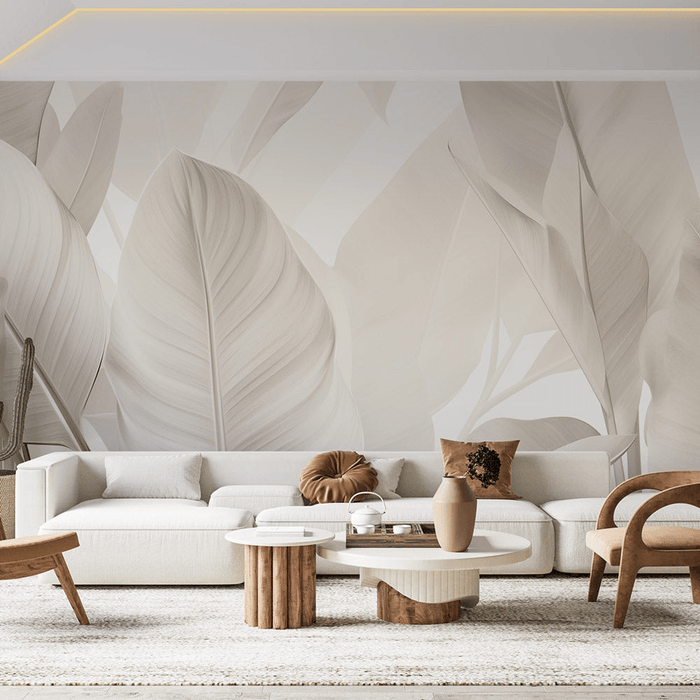Beige Leaf Wallpaper | Monochrome - Carving wallpaper