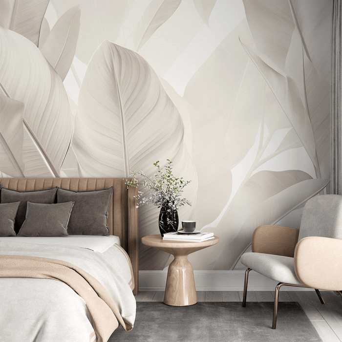 Beige Leaf Wallpaper | Monochrome - Carving wallpaper