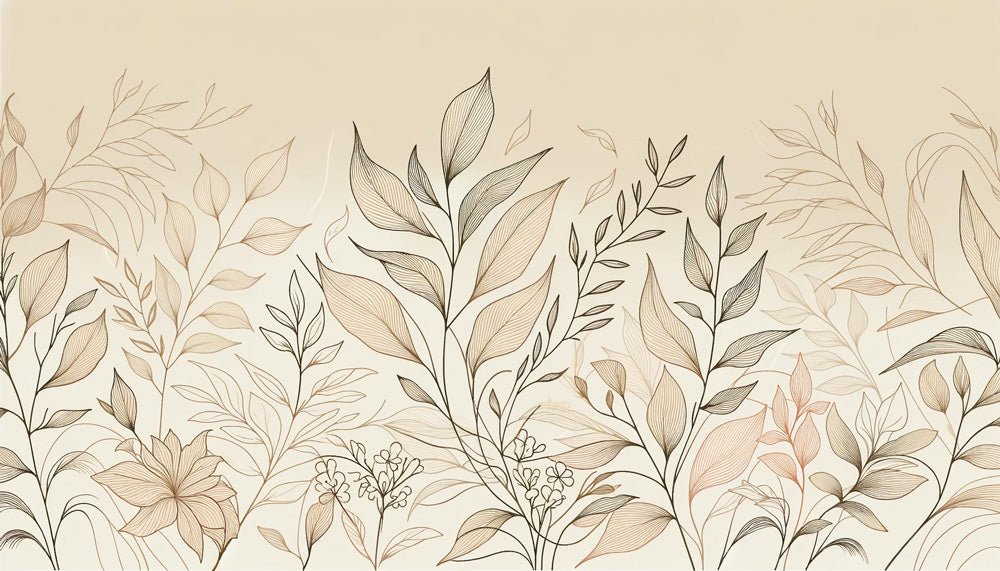 Beige Leaf Wallpaper Mural | Artistic Composition of Beige Leaf Lines - Carving wallpaper
