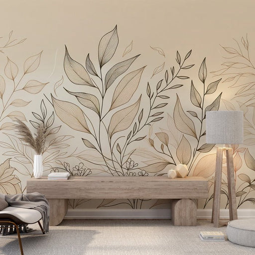 Beige Leaf Wallpaper Mural | Artistic Composition of Beige Leaf Lines - Carving wallpaper