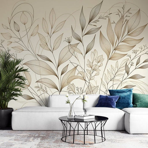 Beige Leaf Wallpaper Mural | Beige Leaf Line Art - Carving wallpaper