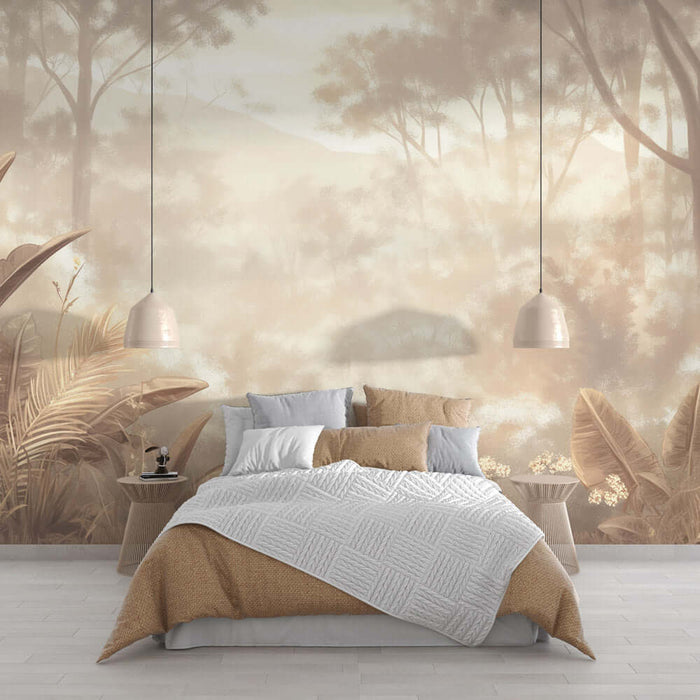 Beige Tropical Forest Wallpaper Mural | Misty Jungle Design | Wabi-Sabi & Nature-Inspired Living Room Decor