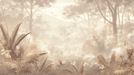 Beige Tropical Forest Wallpaper Mural | Misty Jungle Design | Wabi-Sabi & Nature-Inspired Living Room Decor
