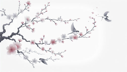 Bird Wallpaper Mural | Cherry Blossoms with Pink and White Flowers - Carving wallpaper