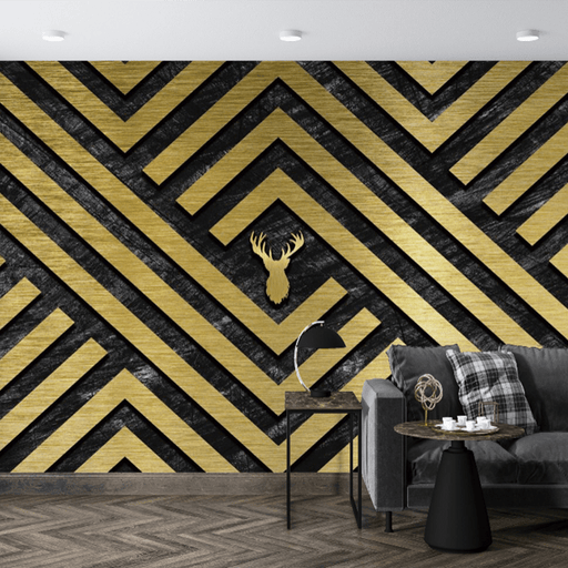 Black and gold lines wallpaper murals | geometric lines deer head, showing luxury atmosphere - Carving wallpaper