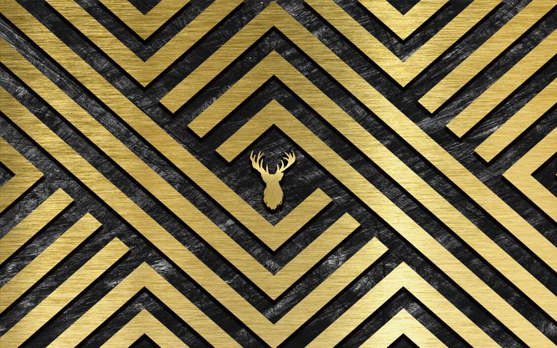 Black and gold lines wallpaper murals | geometric lines deer head, showing luxury atmosphere - Carving wallpaper