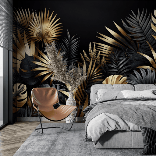 Black and Gold Wallpaper | Composition of Tropical Plants in Gold and Black - Carving wallpaper