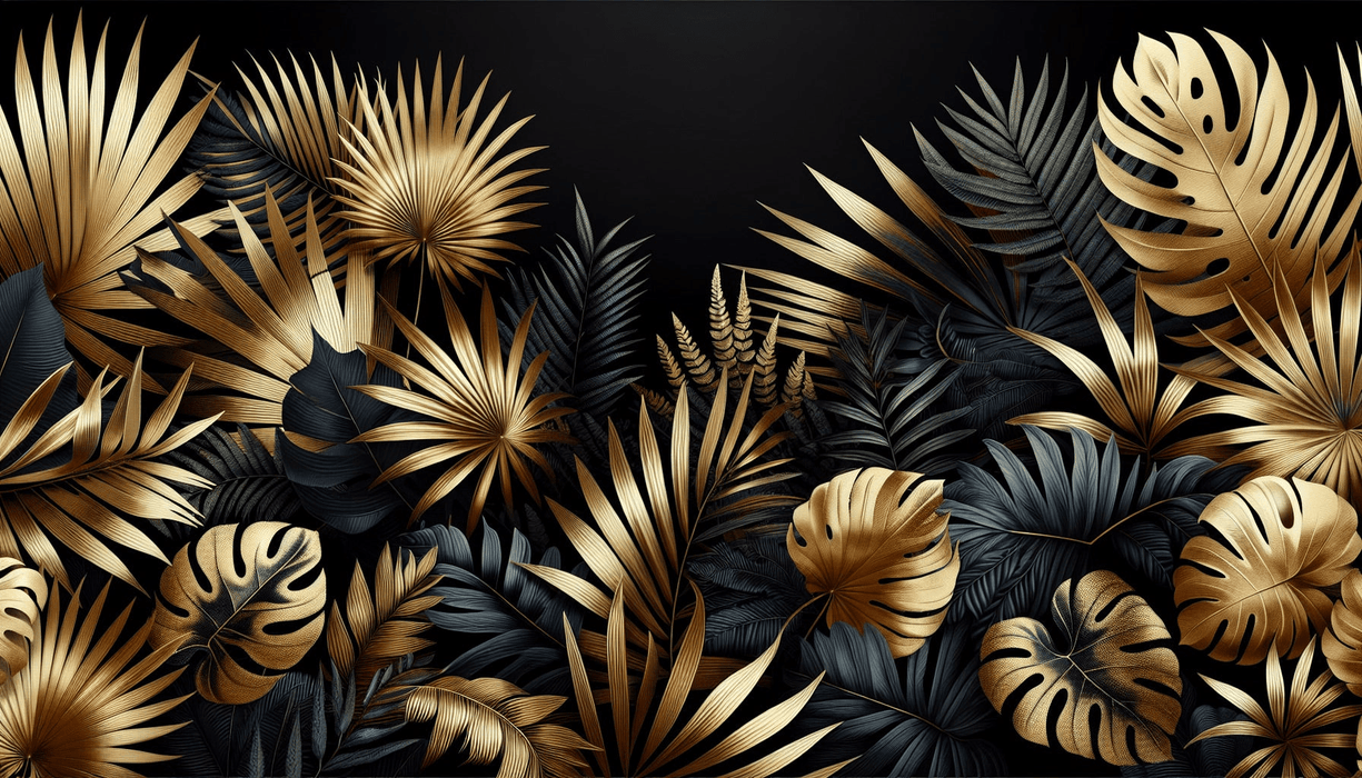 Black and Gold Wallpaper | Composition of Tropical Plants in Gold and Black - Carving wallpaper