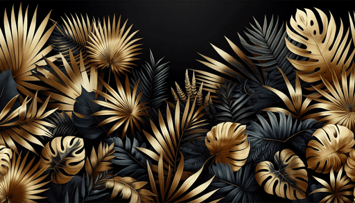 Black and Gold Wallpaper | Composition of Tropical Plants in Gold and Black - Carving wallpaper