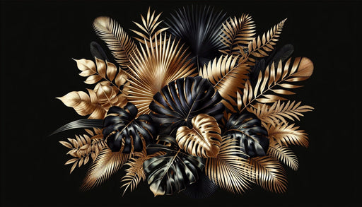 Black and Gold Wallpaper Mural | Composition of Tropical Leaves in Gold and Black - Carving wallpaper
