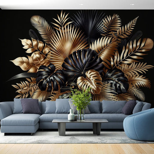 Black and Gold Wallpaper Mural | Composition of Tropical Leaves in Gold and Black - Carving wallpaper