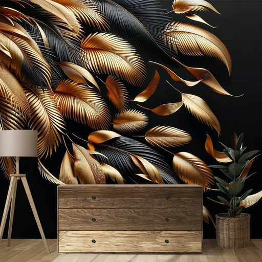 Black and gold wallpaper mural | Fallen leaves - Carving wallpaper