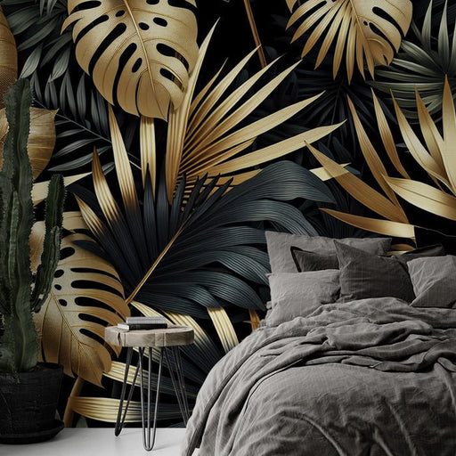 Black and Gold Wallpaper Mural | Gold and Black Palm Leaves - Carving wallpaper