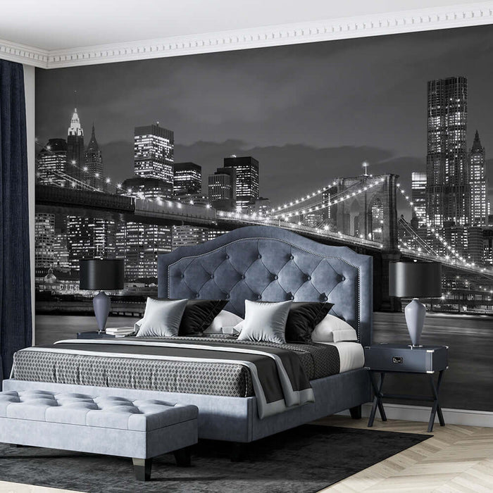 Black and white city night wallpaper | architectural art mural in a modern bedroom with skyline backdrop, film-noir style, high-end urban night view decor