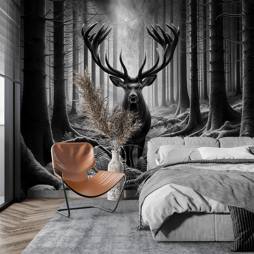 Black and white deer wallpaper mural | Fern forest - Carving wallpaper