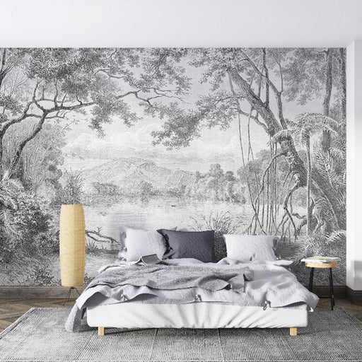 Black and white forest mural | Jungle wallpaper - Carving wallpaper