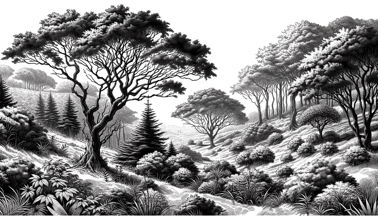 Black and white forest wallpaper mural | Tranquil mountains and forests - Carving wallpaper