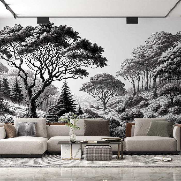 Black and white forest wallpaper mural | Tranquil mountains and forests - Carving wallpaper