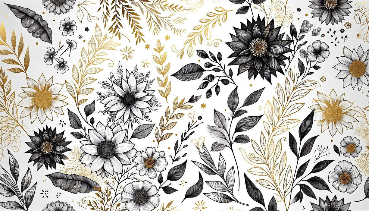 Black and white gold floral wallpaper mural | Leaves - Carving wallpaper