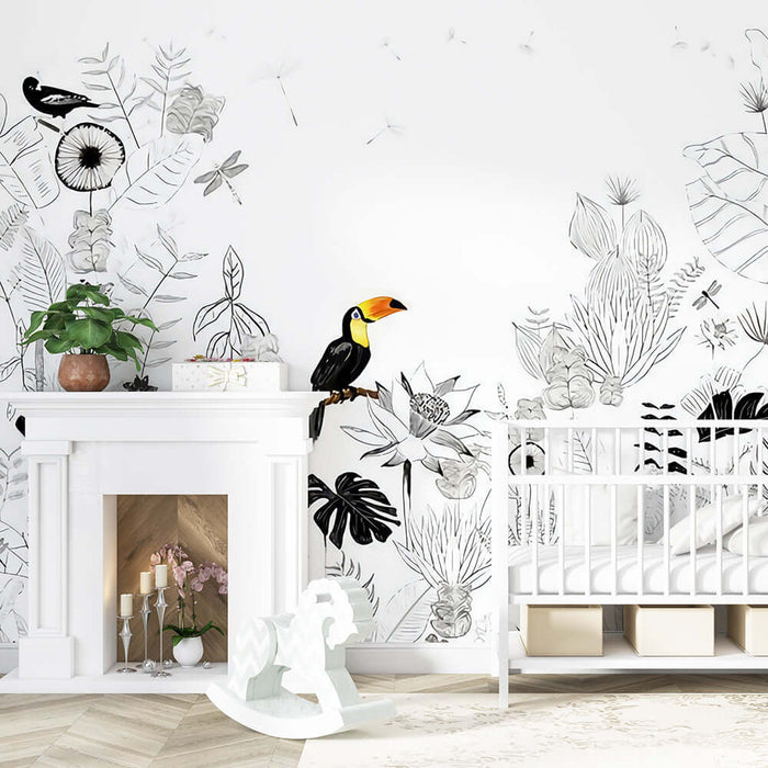 Black and white jungle hand-painted wallpaper | toucan themed mural