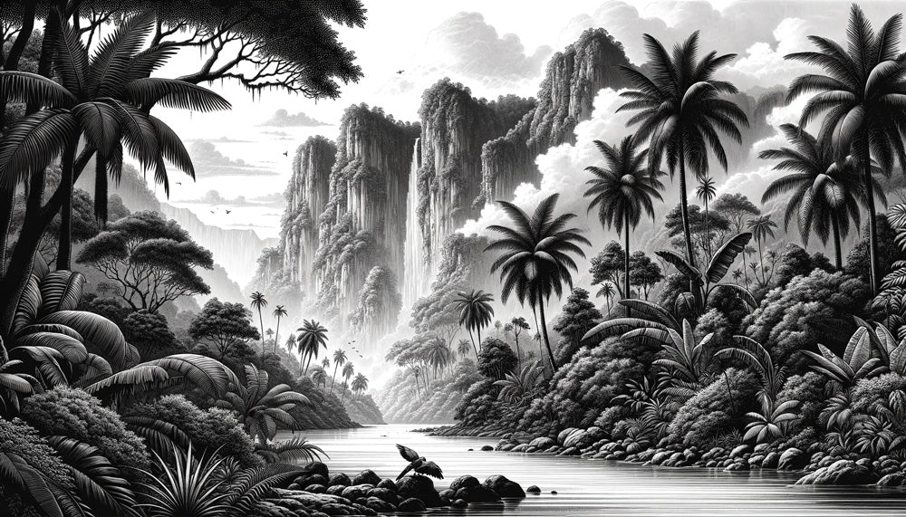 Black and white jungle wallpaper mural | Mountain and river reliefs - Carving wallpaper