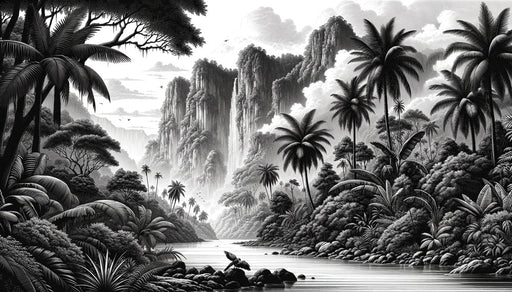 Black and white jungle wallpaper mural | Mountain and river reliefs - Carving wallpaper