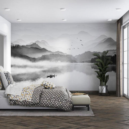 Black and white landscape mural | Ink wash lake view wallpaper - Carving wallpaper