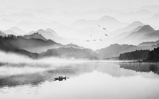 Black and white landscape mural | Ink wash lake view wallpaper - Carving wallpaper