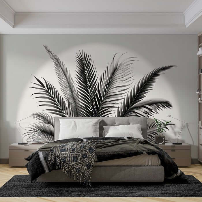 Black and white leaf wallpaper mural | Palm leaves and transparent ...