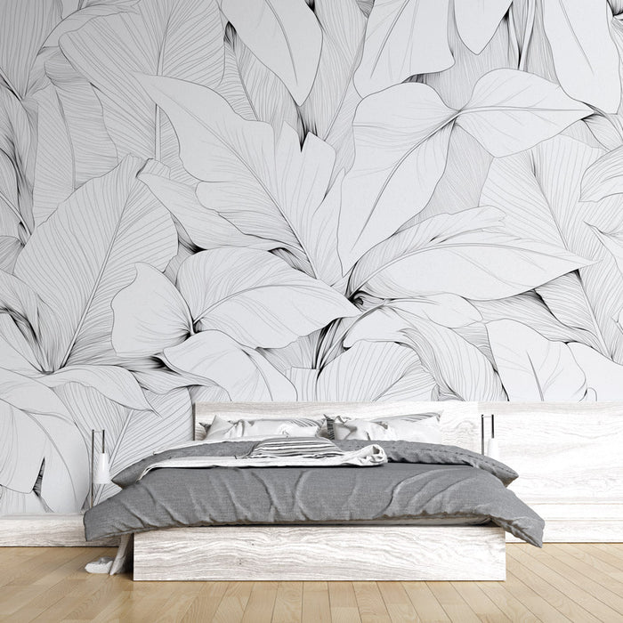 Black and white leaf wallpaper mural | Pencil drawing style - Carving wallpaper