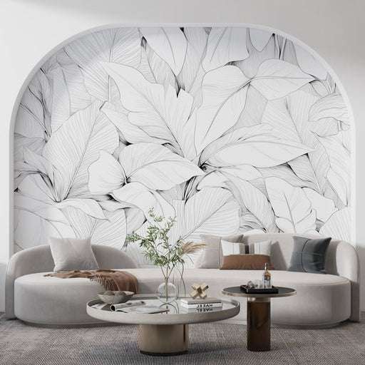 Black and white leaf wallpaper mural | Pencil drawing style - Carving wallpaper