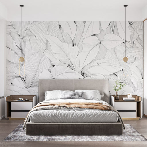 Black and white leaf wallpaper mural | Pencil drawing style - Carving wallpaper