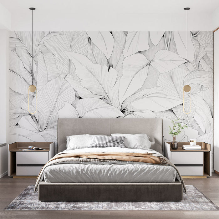 Black and white leaf wallpaper mural | Pencil drawing style - Carving wallpaper