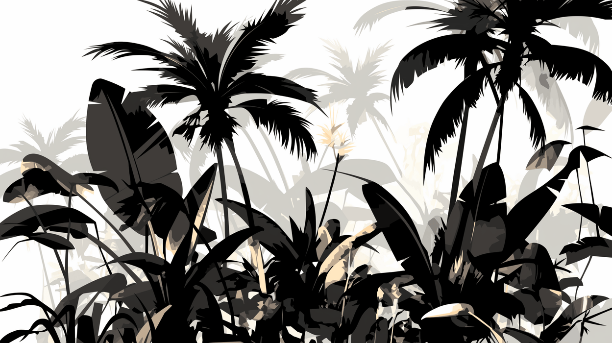Black and white plant wallpaper mural | Tropical coconut and banana trees - Carving wallpaper