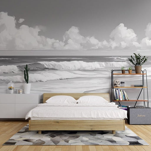 Black and white sea view wallpaper mural | Monochrome beach and waves - Carving wallpaper