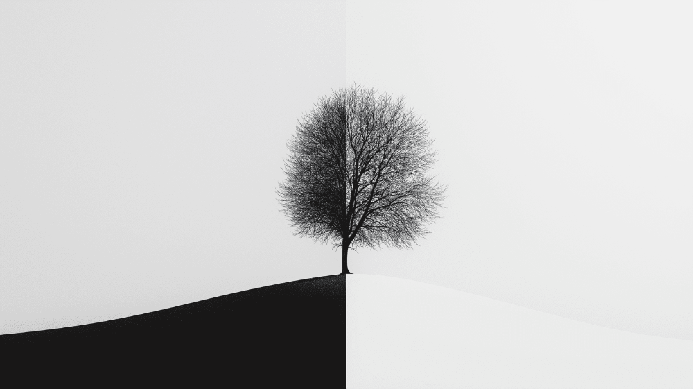 Black and white tree shadow wallpaper mural | A solitary tree stands in the world divided by black and white - Carving wallpaper